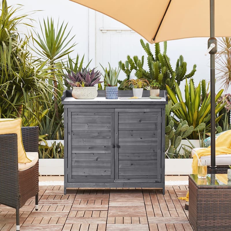 Outdoor Potting Bench, Garden Potting Table, Shelves, Metal Tabletop - 39x19.1x37.4inch(LXWXH)