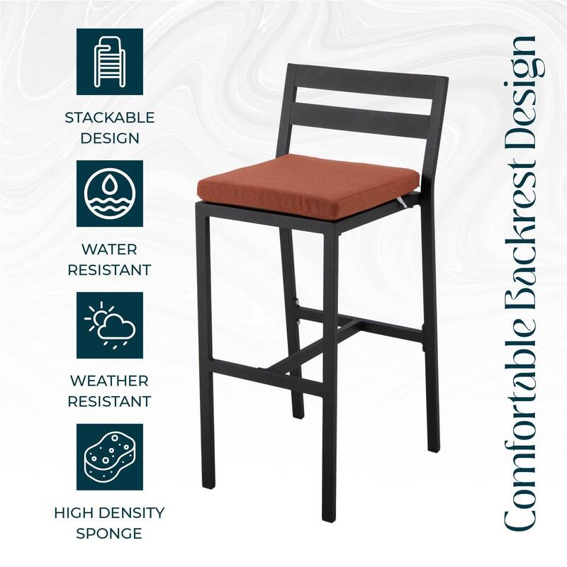 Patio Bar Stool in Powder-Coated Aluminum Frame with Removable Cushion Set of 2