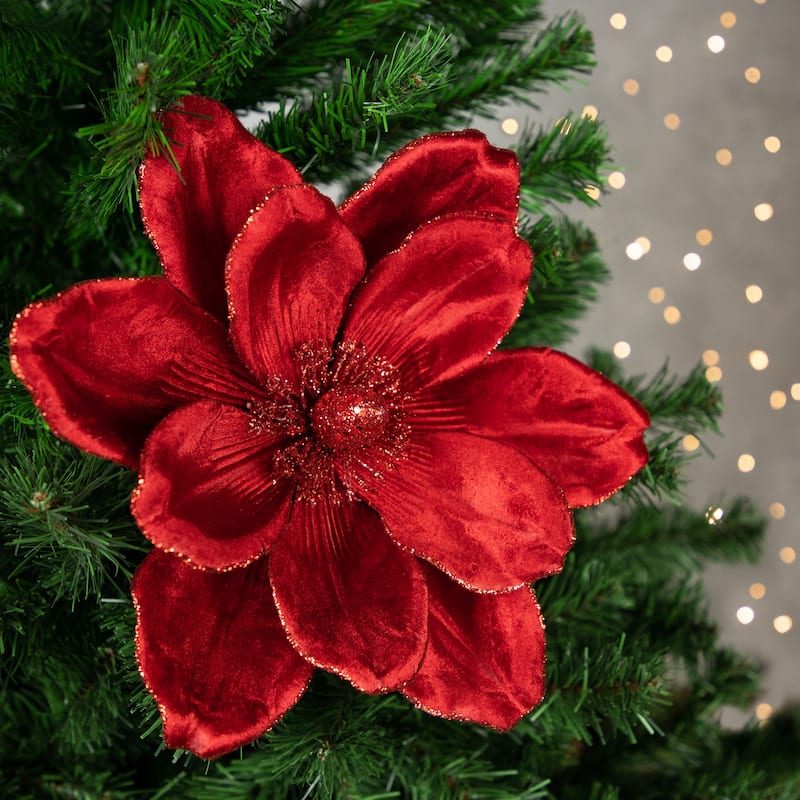 20" Glittered Red Velvet Magnolia Christmas Stem Spray