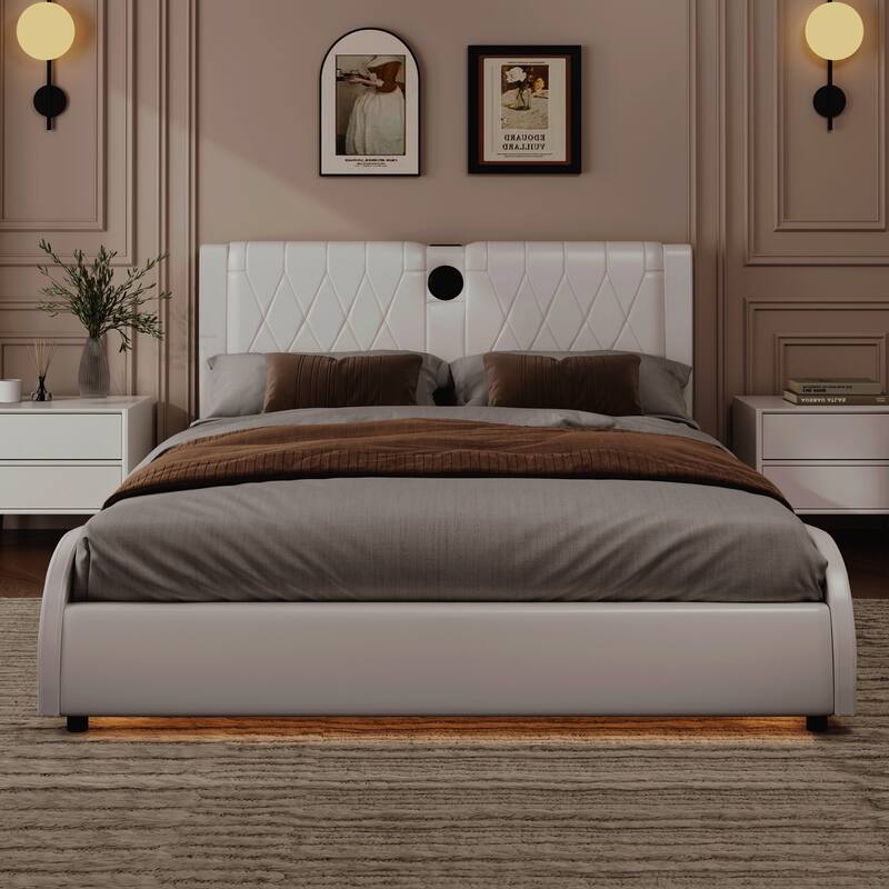 Queen Size Faux Leather Platform Bed with RGB LED Lights, Bluetooth Speakers, and Thickened Headboard