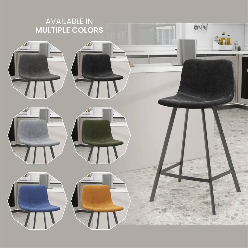 Elland Leather Bar Stool - Modern Counter Height Stool with Black Stainless Steel Legs for Kitchen Island or Home Bar Set of 2