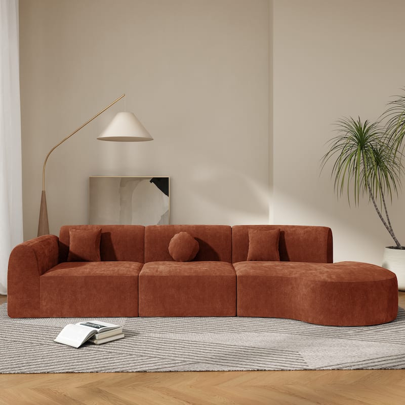Curved Sectional Sofa with Chaise Lounge, High-Density Fully Compressed Sponge 7 Seat Sofa, Comfy Round Upholstered Couch - Orange