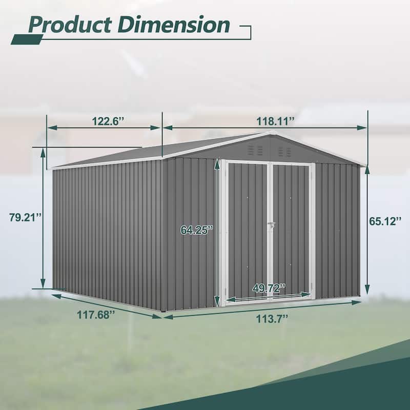 GDFStudio - Cassandra Large 10 x 10 FT Outdoor Metal Storage Shed with Lockable Doors