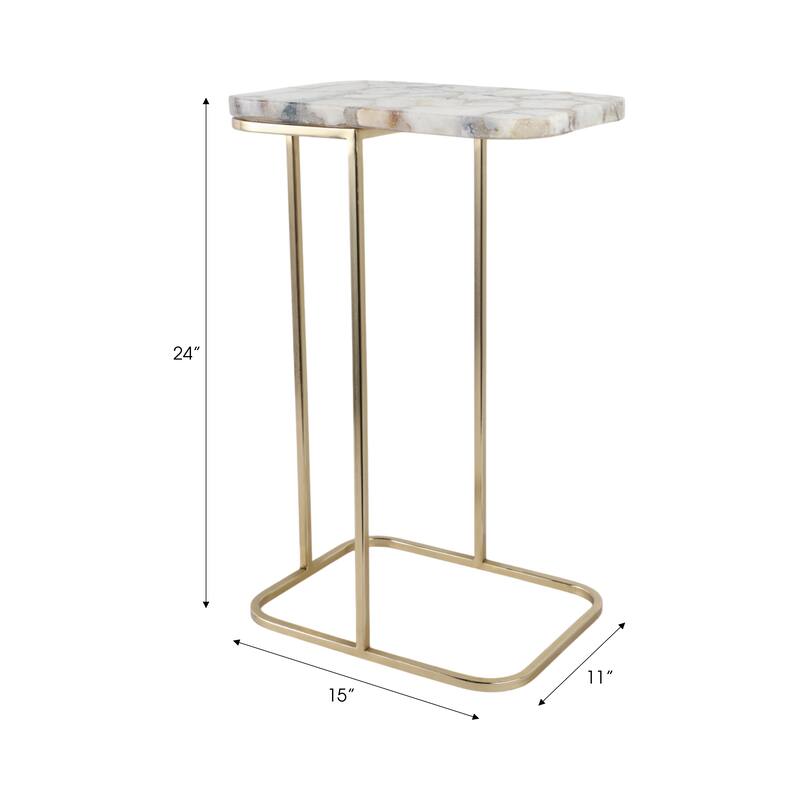 Modern Small Accent Table -Stone Top and Iron Base - 24", Gold & White - 24.0"