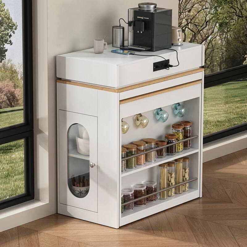 57.7" Kitchen Island with Extendable Top on Wheels, Kitchen Dining Table, Bar Table with Drawers and Power Outlet