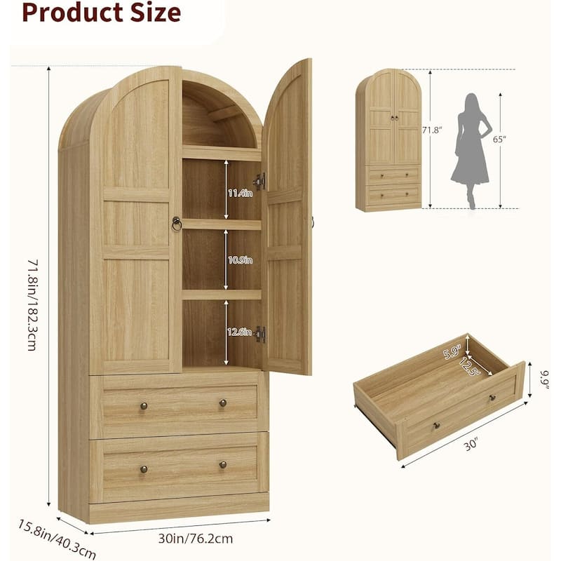 Kitchen Pantry Cabinet, 72" Tall Arched Kitchen Pantry Storage Cabinet, Wood Versatile Rustic Cupboard with Drawers