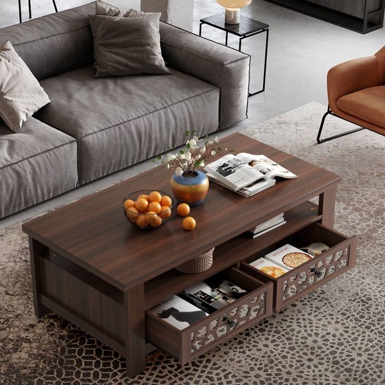 3-tier Coffee Table with 2 Drawers and 5 Support Legs - 46" x 23.5" x 17"