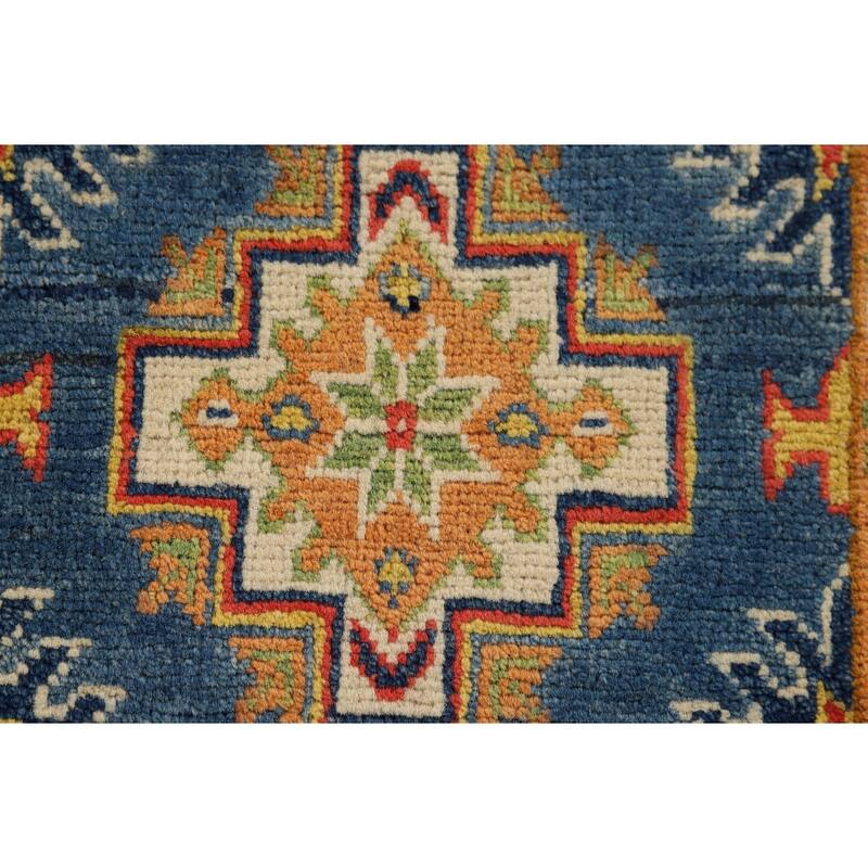 Blue Geometric Kazak Oriental Accent Rug Hand-Knotted Wool Carpet - 1'11" x 3'0"