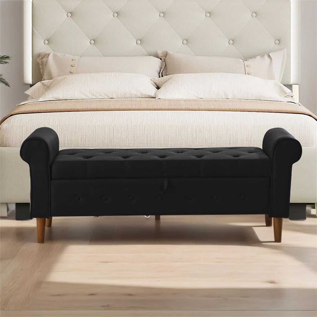 62" Bedroom Tufted Button Storage Bench, Fabric Upholstered Ottoman