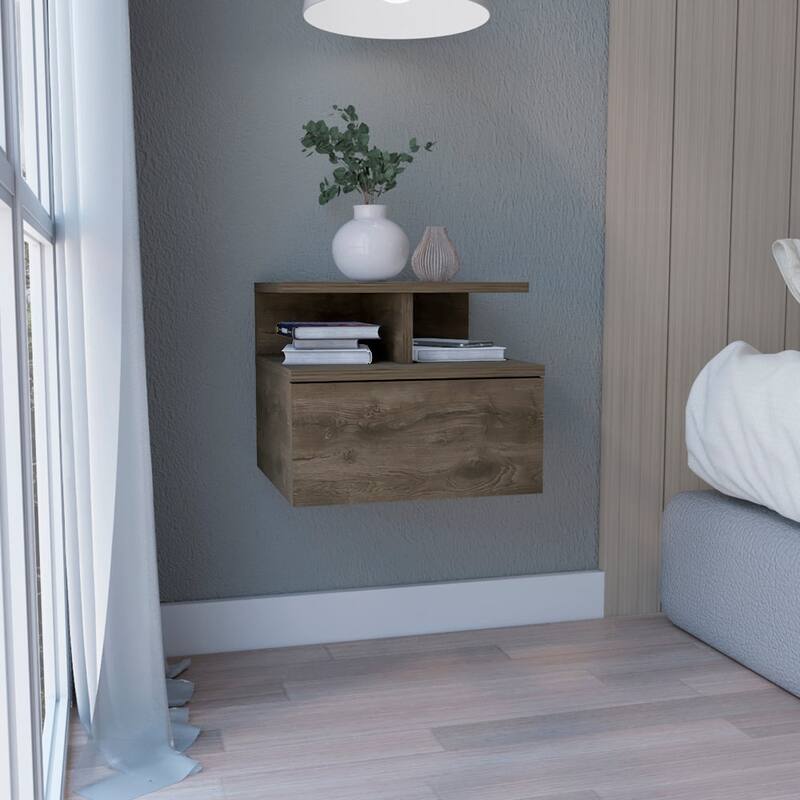 Modern easy-to install bedside Nightstand,Wall Mounted with Single Drawer and 2-Tier Shelf,for Bedroom,Closet,Entryway - Brown