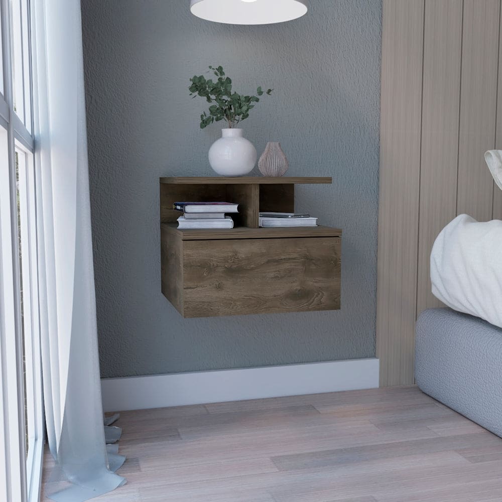 Wall-Mounted Floating Nightstand with Single Drawer and 2-Tier Shelf in Dark Walnut - Brown