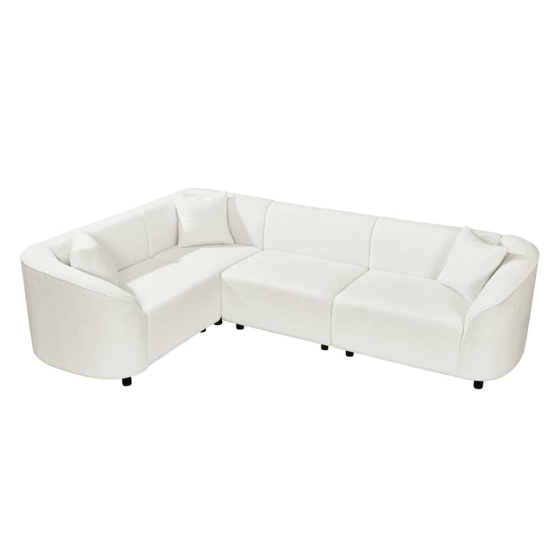 L-Shaped Curved Sectional Sofa, Boucle Upholstered 4-Seater Sofa, Corner Sofa with Pillows for Living Room, Apartment