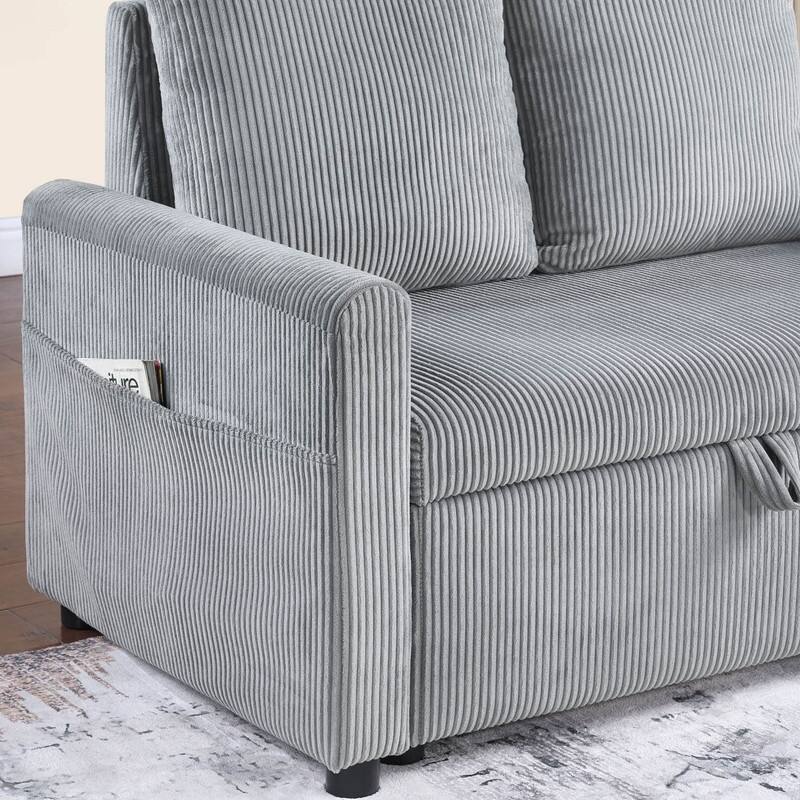 Oswin 70"W Gray Corduroy Sofa with Pull-Out Chaise, Underseat Storage, Side Pocket