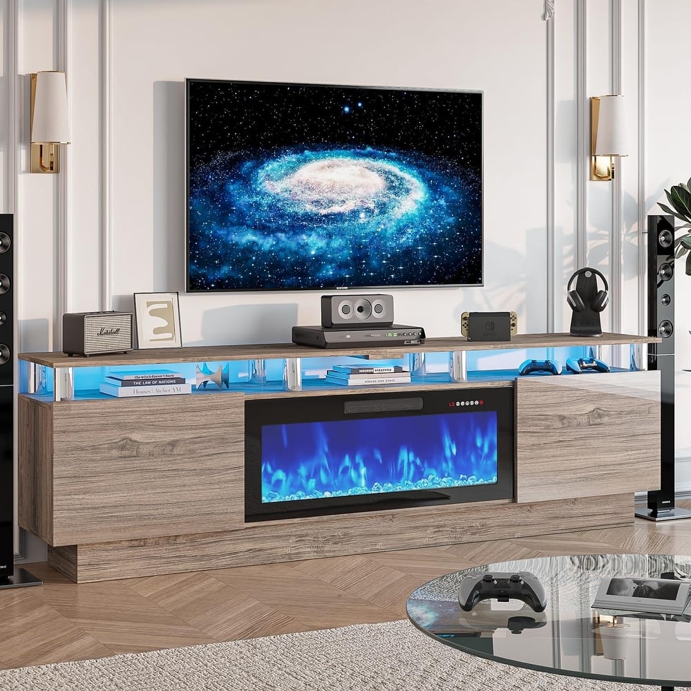BOSSIN Modern 80" TV Stand with 36" Fireplace & LED Lights for TVs Up to 90", White with Golden Pillars, Storage Cabinets