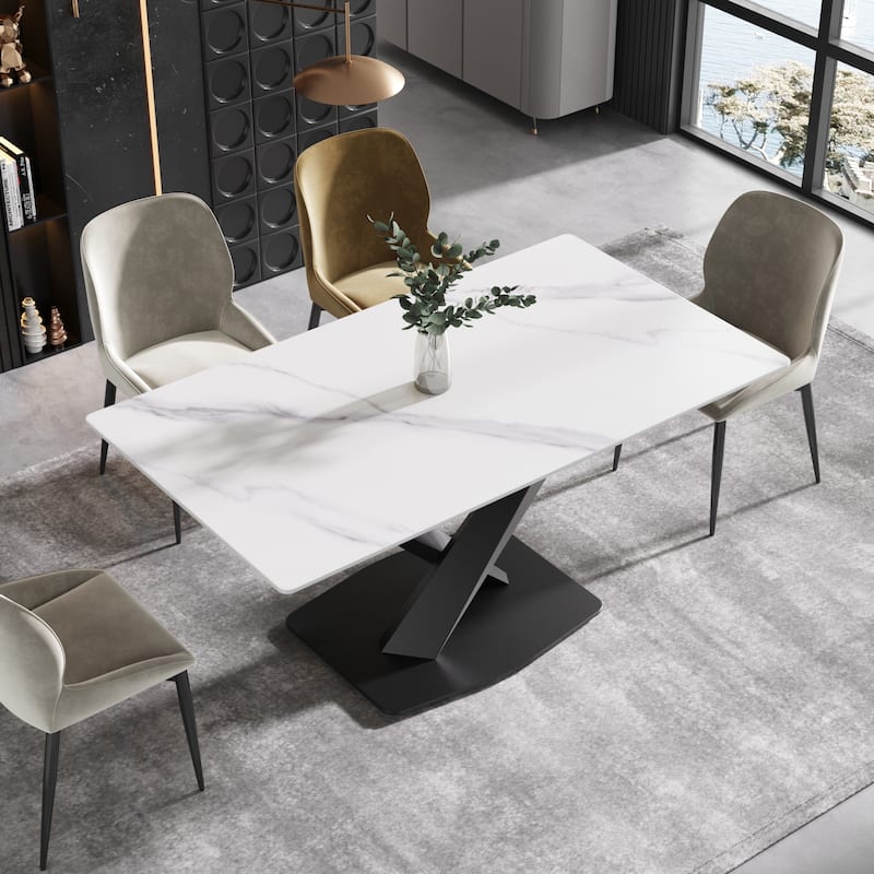 63''Modern Dining Table, White Sintered Stone Tabletop Dining Table with Moran Violet Steel Base - N/A - 16W+Black