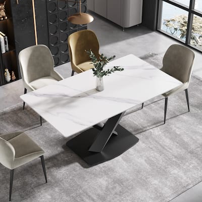 63''Modern Dining Table, White Sintered Stone Tabletop Dining Table with Moran Violet Steel Base - N/A