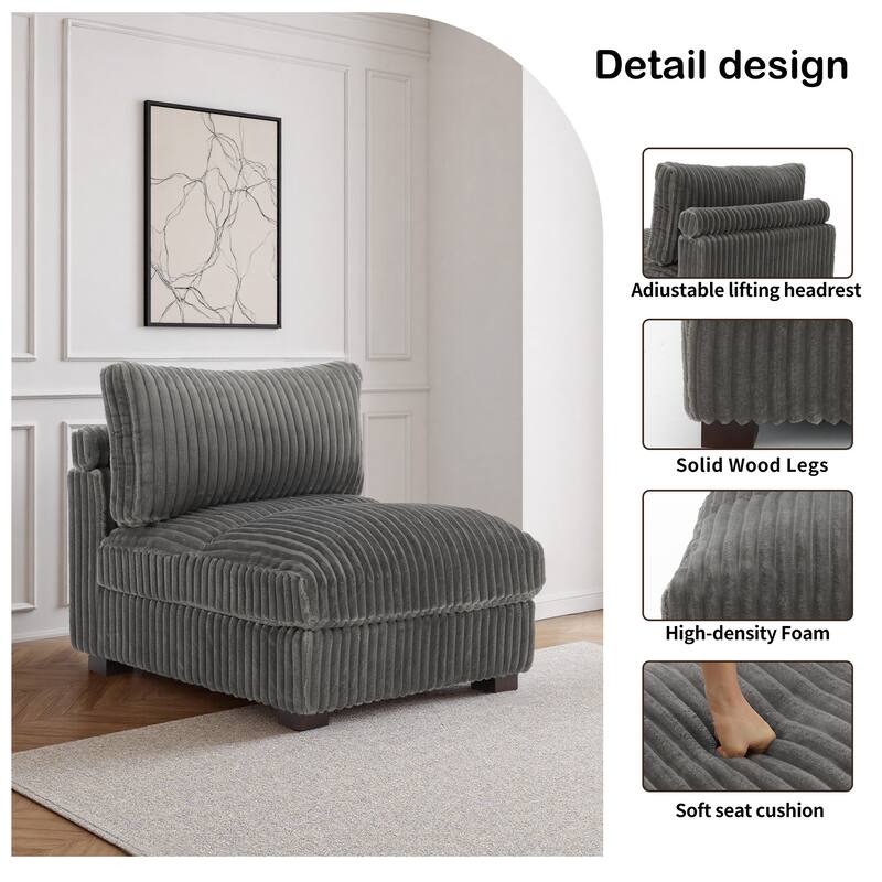 33" W Plush Corduroy Armless Chair Sectional Module with Pillows