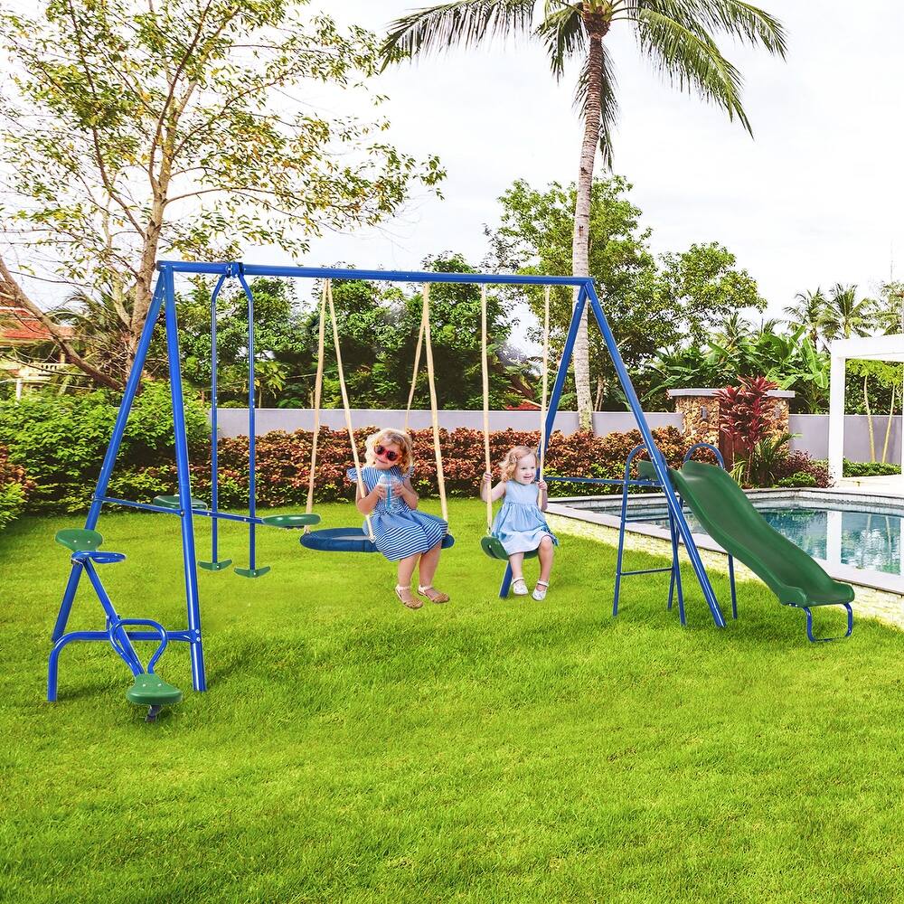 Outsunny 5-in-1 Kids Swing Set Backyard Playground Set, Metal Swing Set Kids Outdoor Playset Playground Equipment