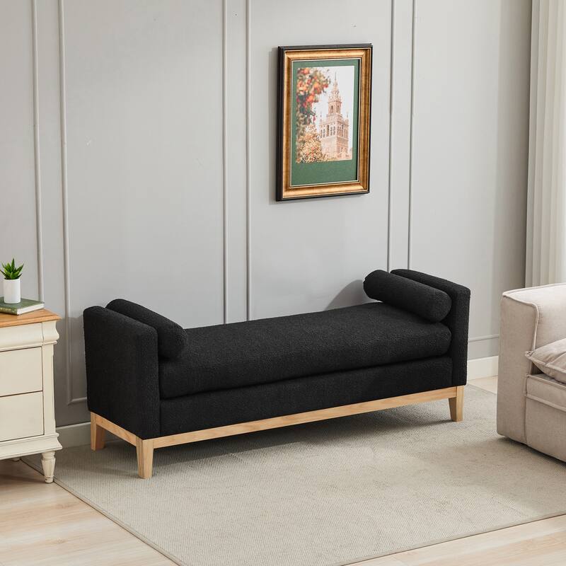 66 Inch End of Bed Bench, Upholstered Ottoman Bench with Wood Legs, Elegant Ottoman with Bolster Pillows for Bedroom