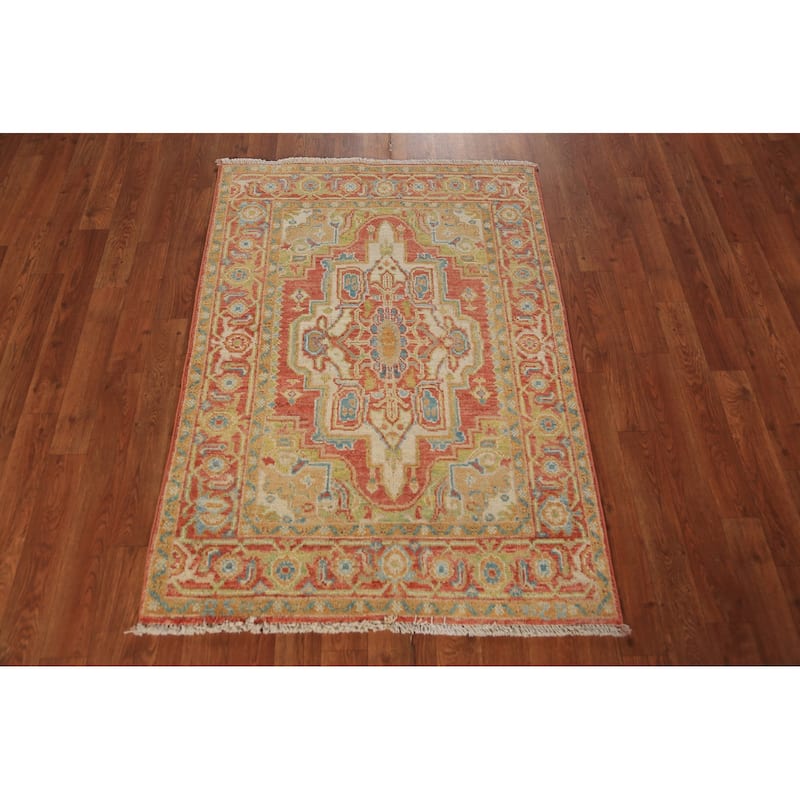 Vegetable Dye Heriz Serapi Rug Hand-Knotted Orange Wool Carpet - 2'10"x 4'0"