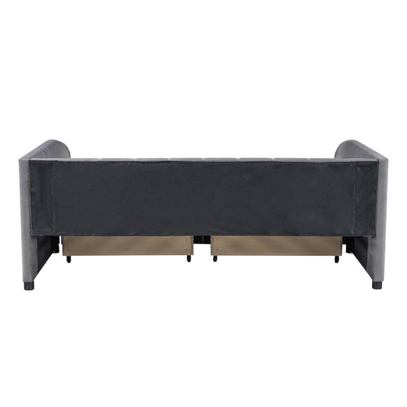 Twin Size Stylish Velvet Upholstered Daybed Ergonomic Design Backrest Daybed with 2 Drawers Wood Slat Support, Grey