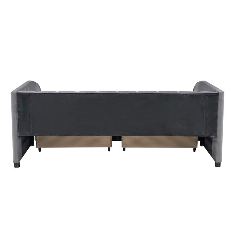 Twin Size Upholstered Daybed with Ergonomic Design Backrest and 2 Drawers, Gray