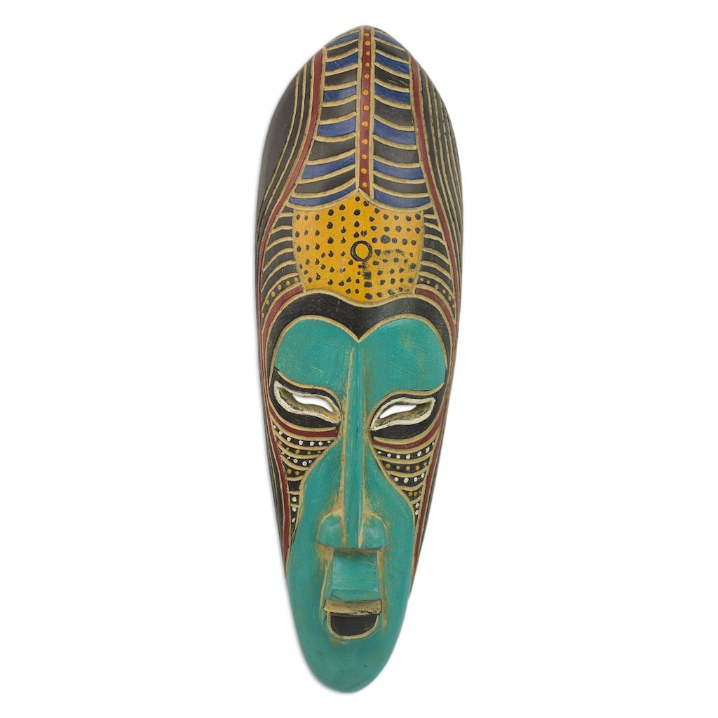 Handmade Blue Akoni African Wood Mask (Ghana) - 19" H x 6" W x 2.8" D
