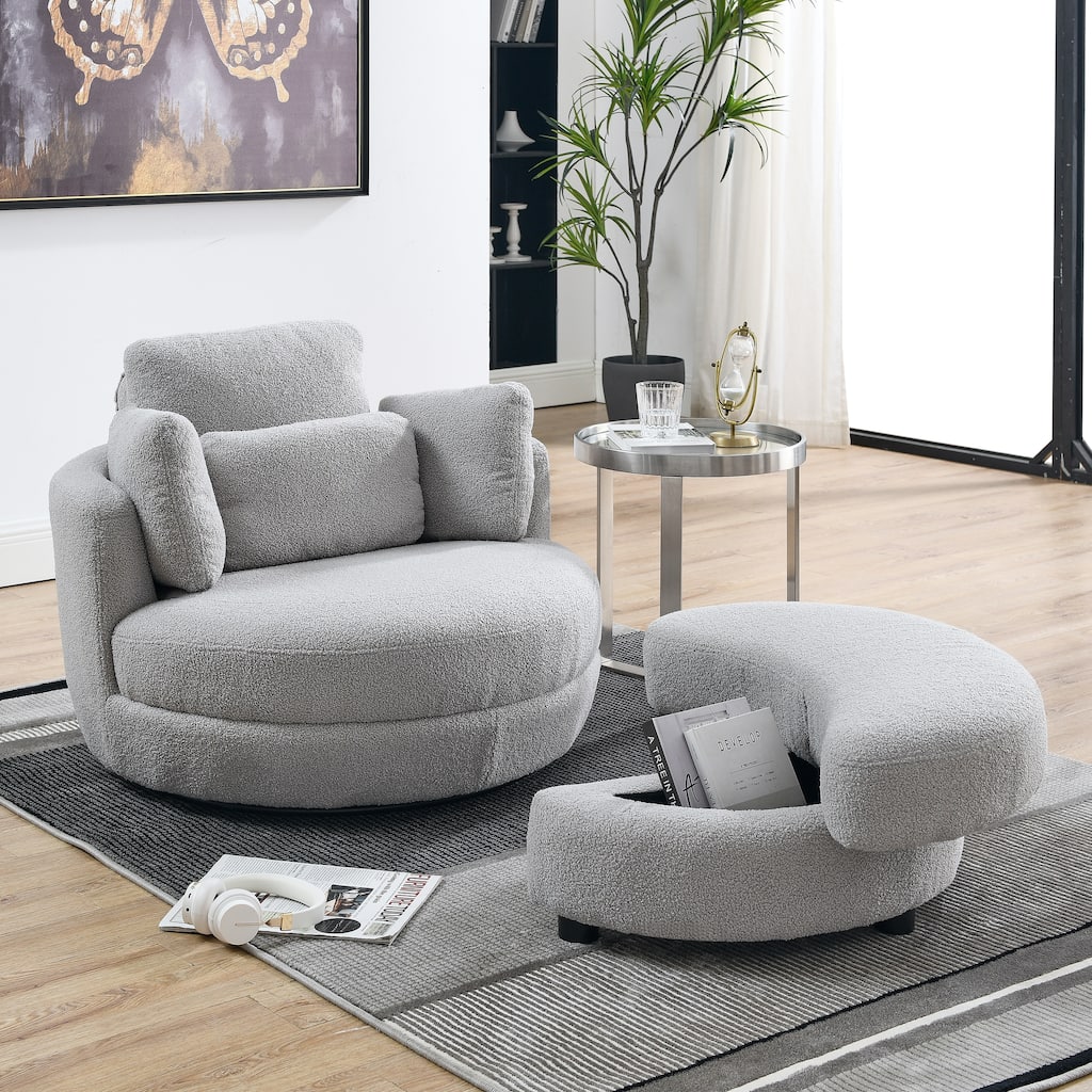 39"W Oversized Swivel Chair with Storage Ottoman, Grey Teddy Fabric