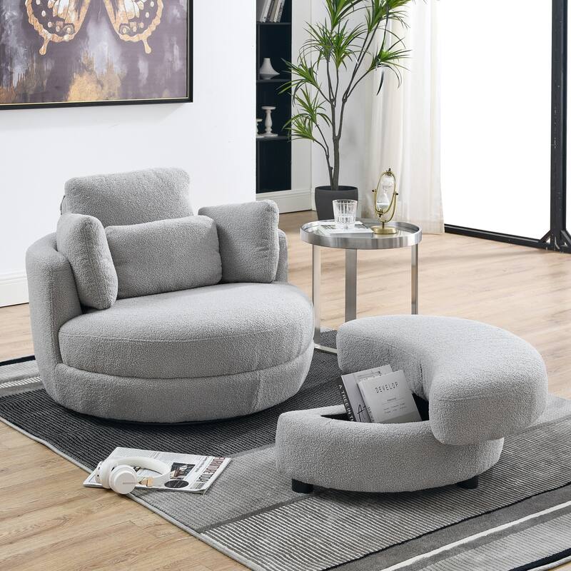 Oversized Teddy Fabric Swivel Barrel Chair with Moon Ottoman & 4 Pillows - Grey Teddy