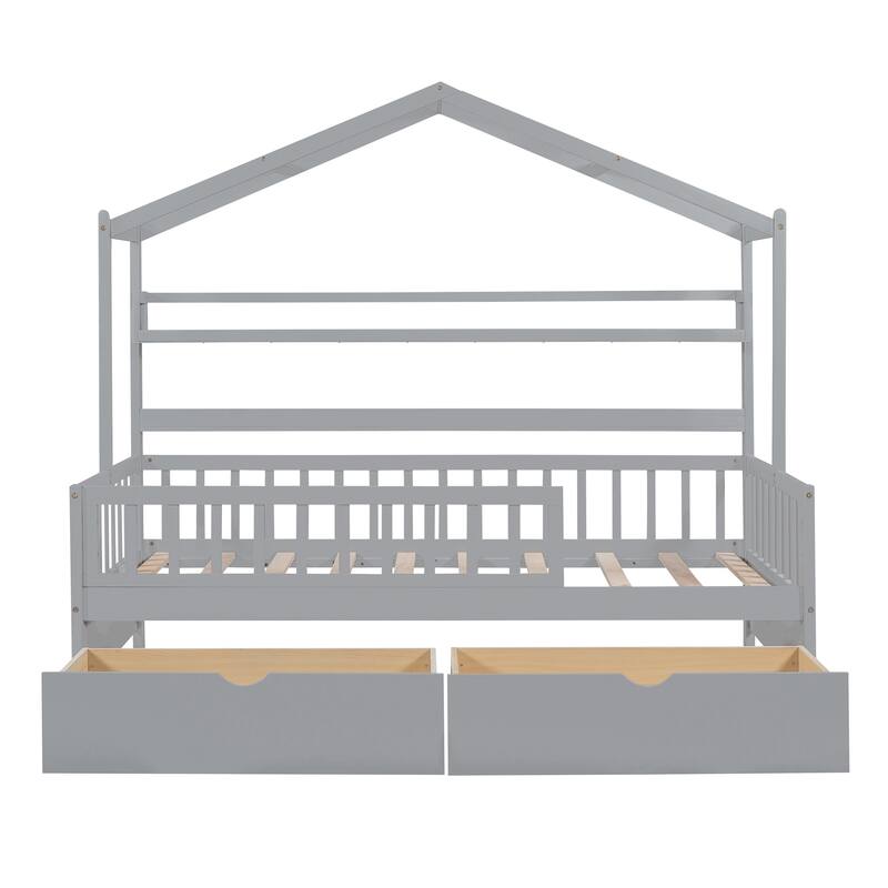 Pine House Bed with Roof, Drawers, and Shelf