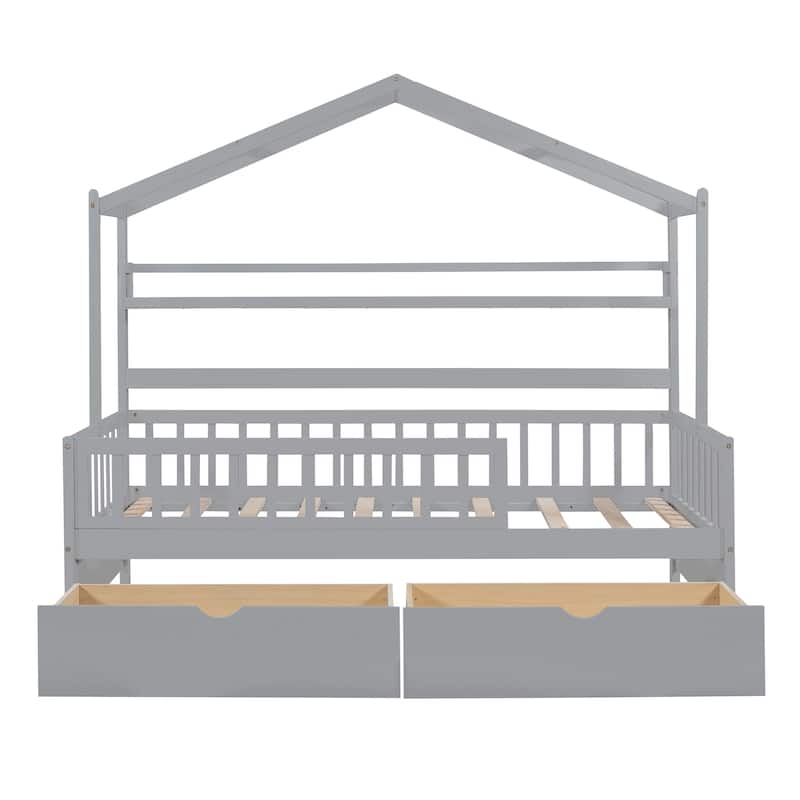 Wood House Bed with 2 Drawers, Kids Bed with Storage Shelf