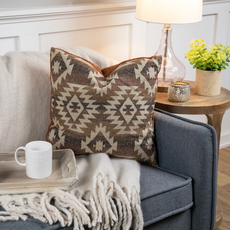15" Brown Southwestern Pattern Worsted Square Throw Pillow