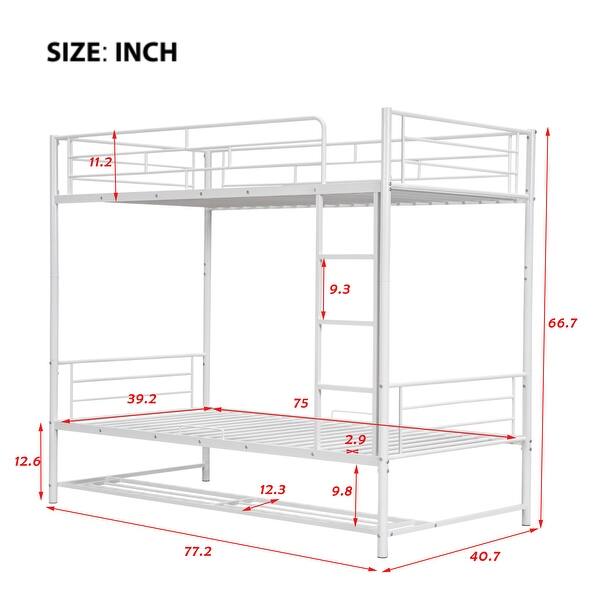dimension image slide 0 of 4, Metal Bunk Bed with Bottom Shelf and Full-Length Guardrails, Converts to Two Beds