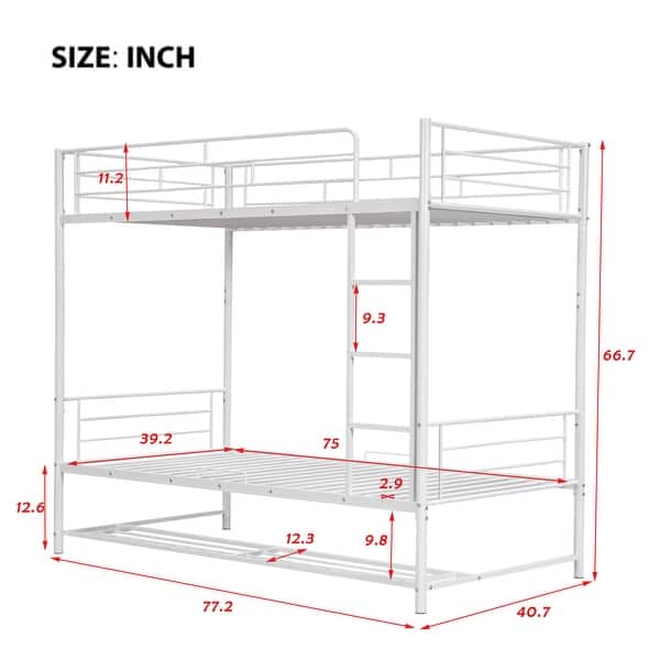 dimension image slide 1 of 2, Twin Over Twin Metal Bunk Bed with Shelf and Guardrails for Home
