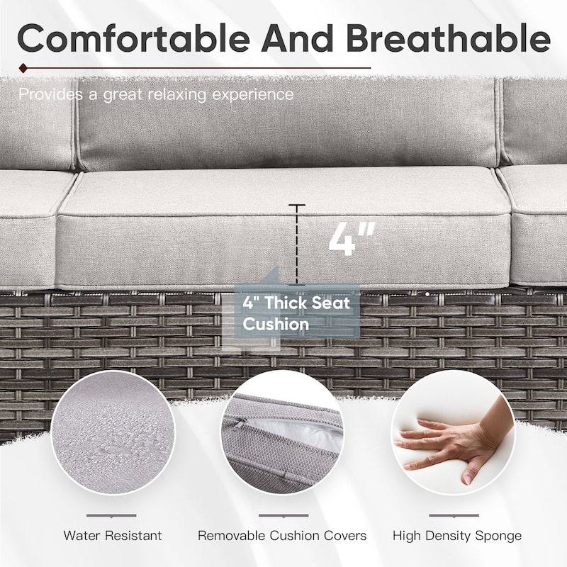 Outdoor Sofa with Swivel Chair Ottomans & Fire Pit Table - Beige cushion - Grey