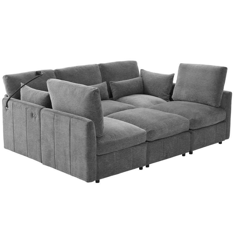 Modular Sectional Sofa with Movable Ottoman Convertible L-Shape or U-Shape Sofa Bed Built-in USB Charging Ports and Phone Holder