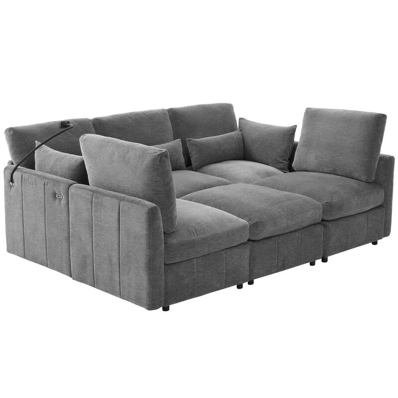 U Shaped Modular Sectional Sofa with Movable Ottoman, Chenille Upholstered 5-Seater Sofa with 2 USB Ports & Phone Holder