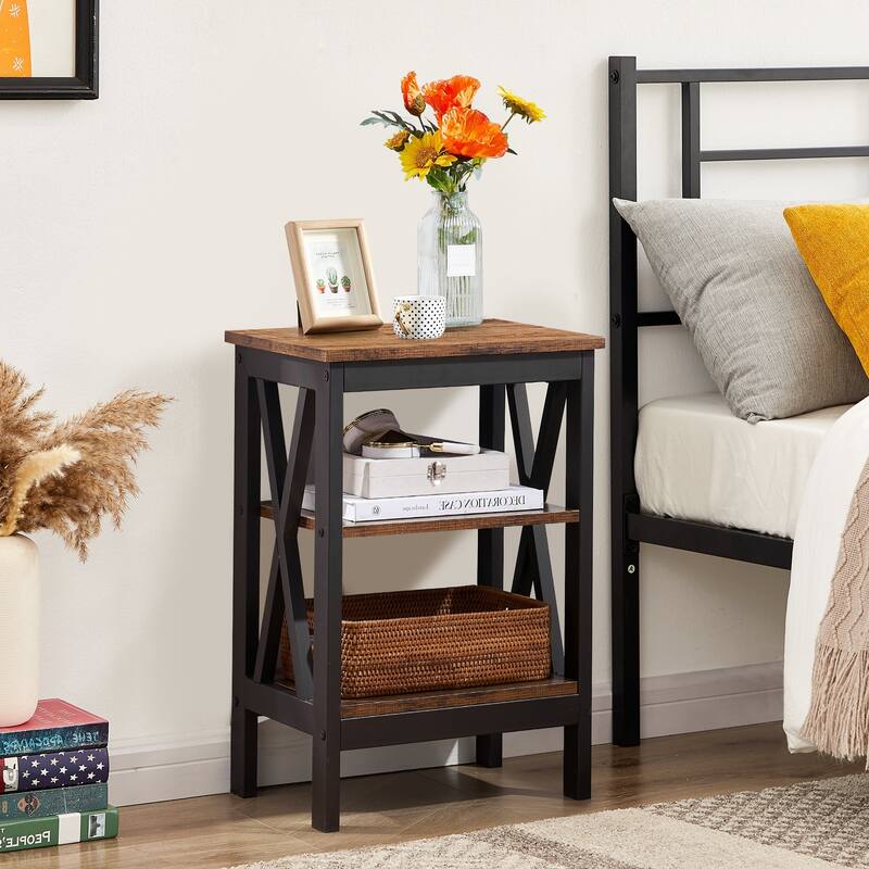 VECELO Modern Nightstand with 3-tier Storage Shelves - Brown