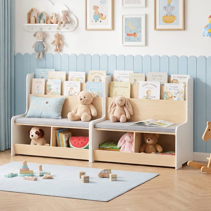Gymax Kids Reading Nook w/Bench Bookshelf & 2 Cubbies Removable Padded
