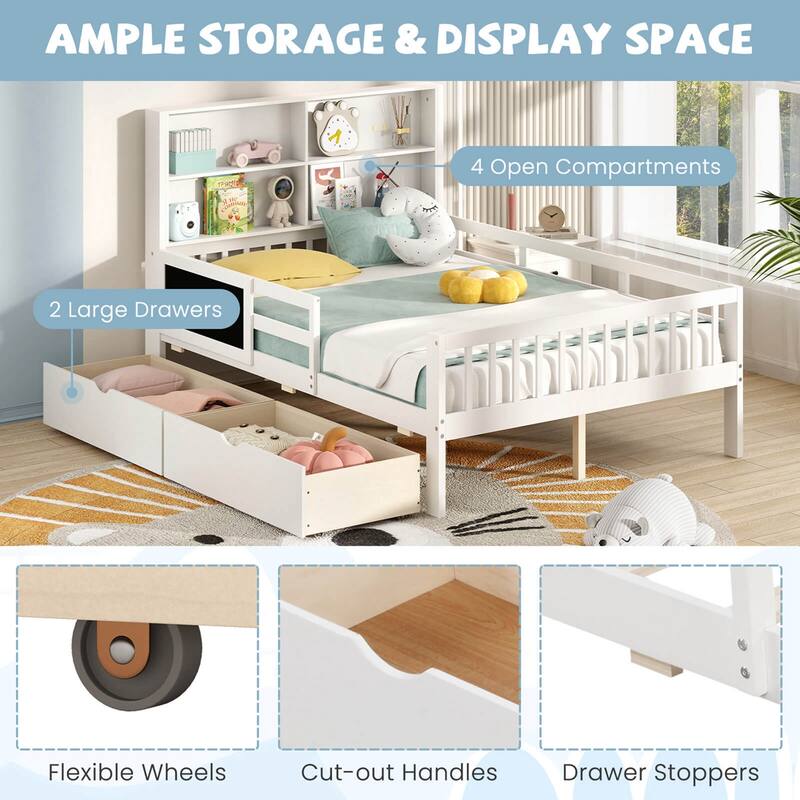 Costway Twin/Full Size Bed Frame with 2 Drawers Bookcase & Blackboard