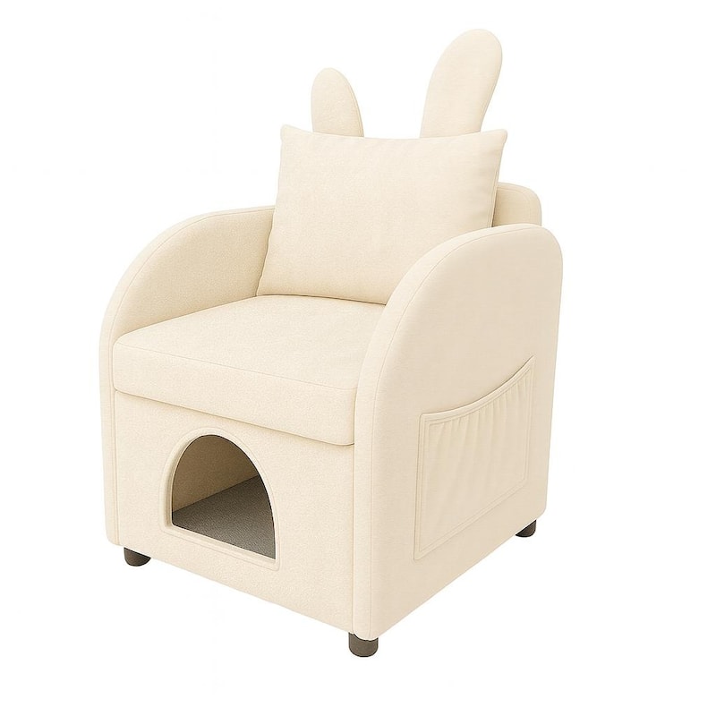 Velvet Bunny-Ear Pet-Friendly Armchair with Built-in Cat & Dog Hideaway, Plush Dual-Use Sofa Chair