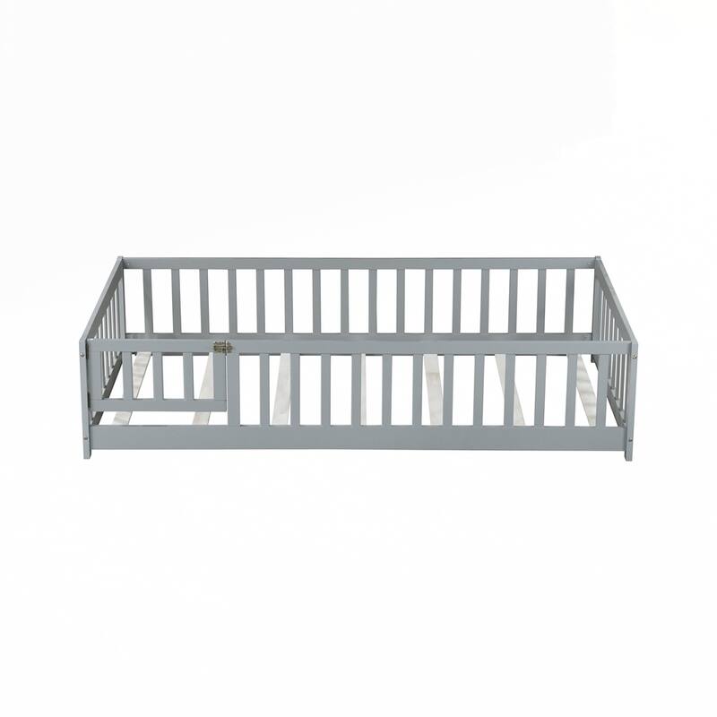 Rubber Wood Floor Bed with Safety Guardrails