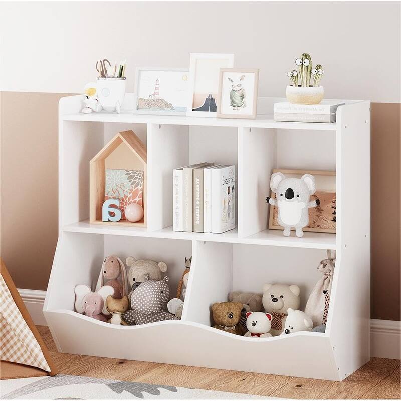 Toy Bookshelf and Bookcase, Multi Shelf with Cubby Organizer Cabinet for Storage Books and Toys - White