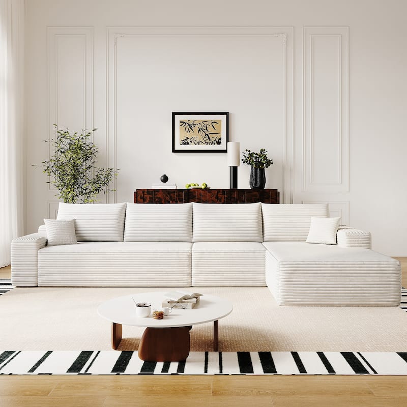 Corduroy Upholstered Modular L-shaped Chaise Sectional Sofa - White