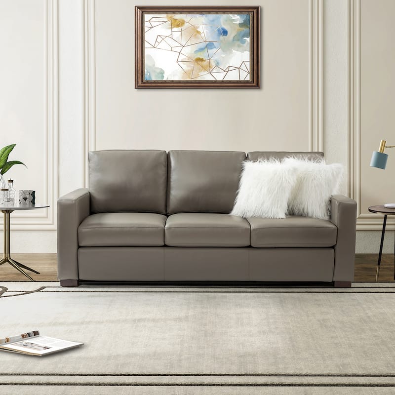 Ernando 83.46" Wide Genuine Leather Sofa with Squared Arms and Pillows