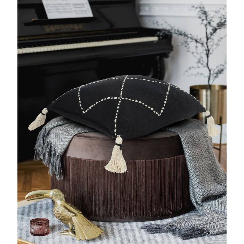 20" Black and White Geometric Tasseled Square Throw Pillow