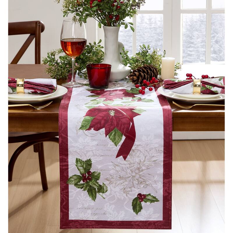 Clarette Poinsettia Holiday Fabric Table Runner - 14"x70" - 14"x70"