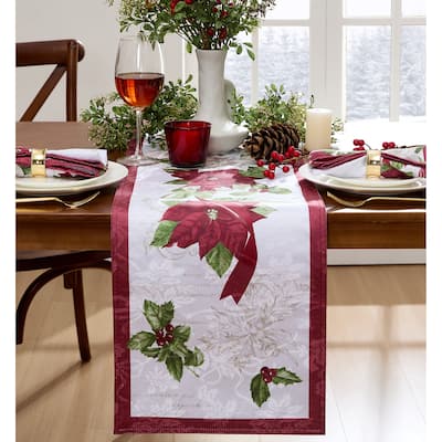 Clarette Poinsettia Holiday Fabric Table Runner - 14"x70"