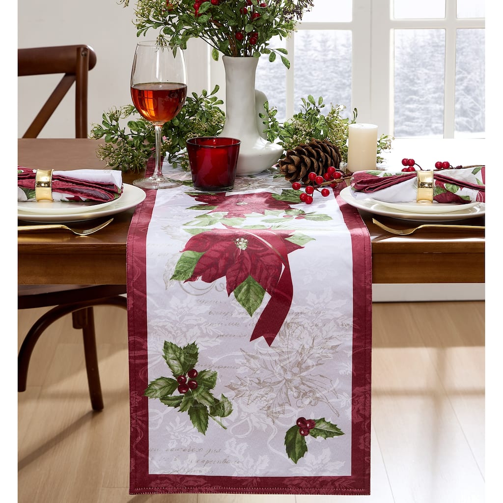Clarette Poinsettia Holiday Fabric Table Runner - 14"x70"