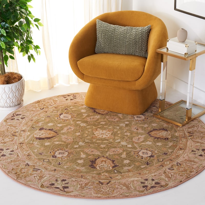 SAFAVIEH Handmade Anatolia Renelle Traditional Oriental Hand-spun Wool Rug - 6' Round - Sage/Beige